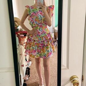 Dress Floral Bright Colors pink orange ruffle dress NWT